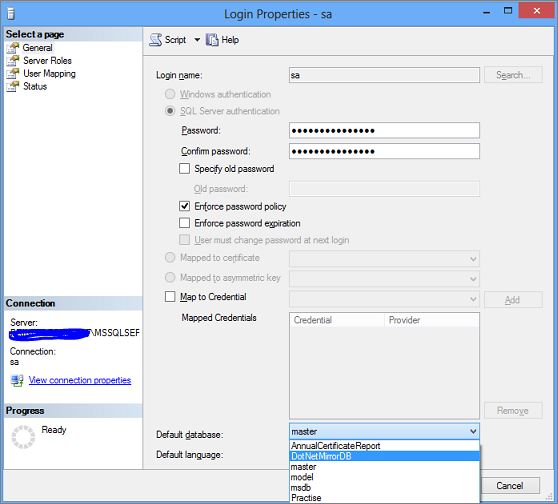 SQL Server Login Properties - Set Default Database